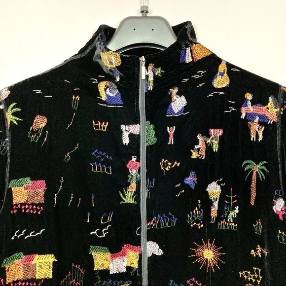 Vintage Chico’s Embroidered Velvet Jacket Women’s Size L Silk Blend Full Zip - Picture 2 of 9